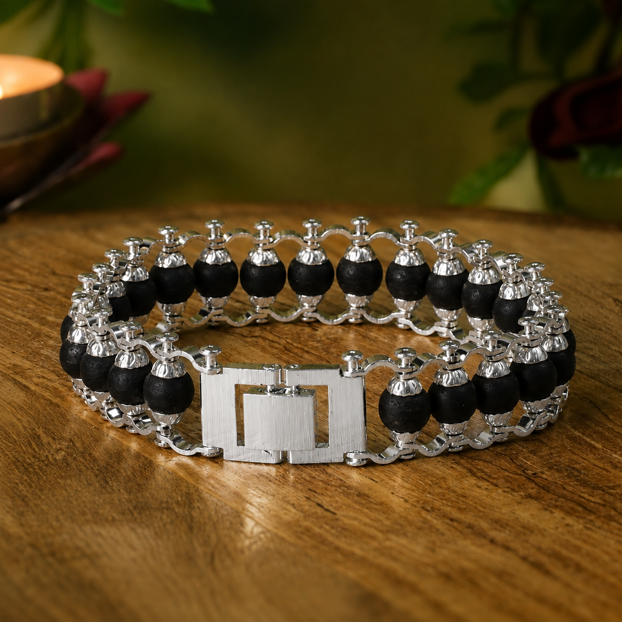 Silver Plated Karungali Modern Bracelet - Natural Ebony Wood