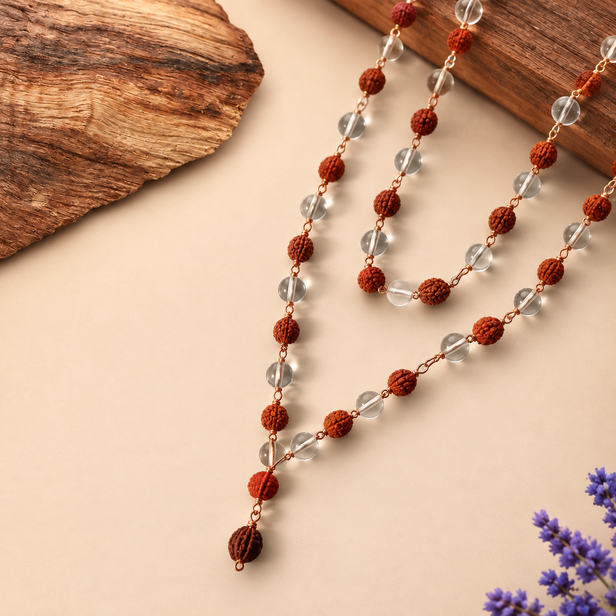 Crystal Rudraksha Mala – Premium Clear Quartz with Rudraksha Beads