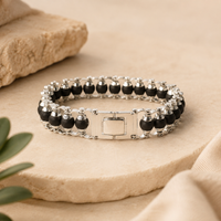 Silver Plated Karungali Modern Bracelet - Natural Ebony Wood