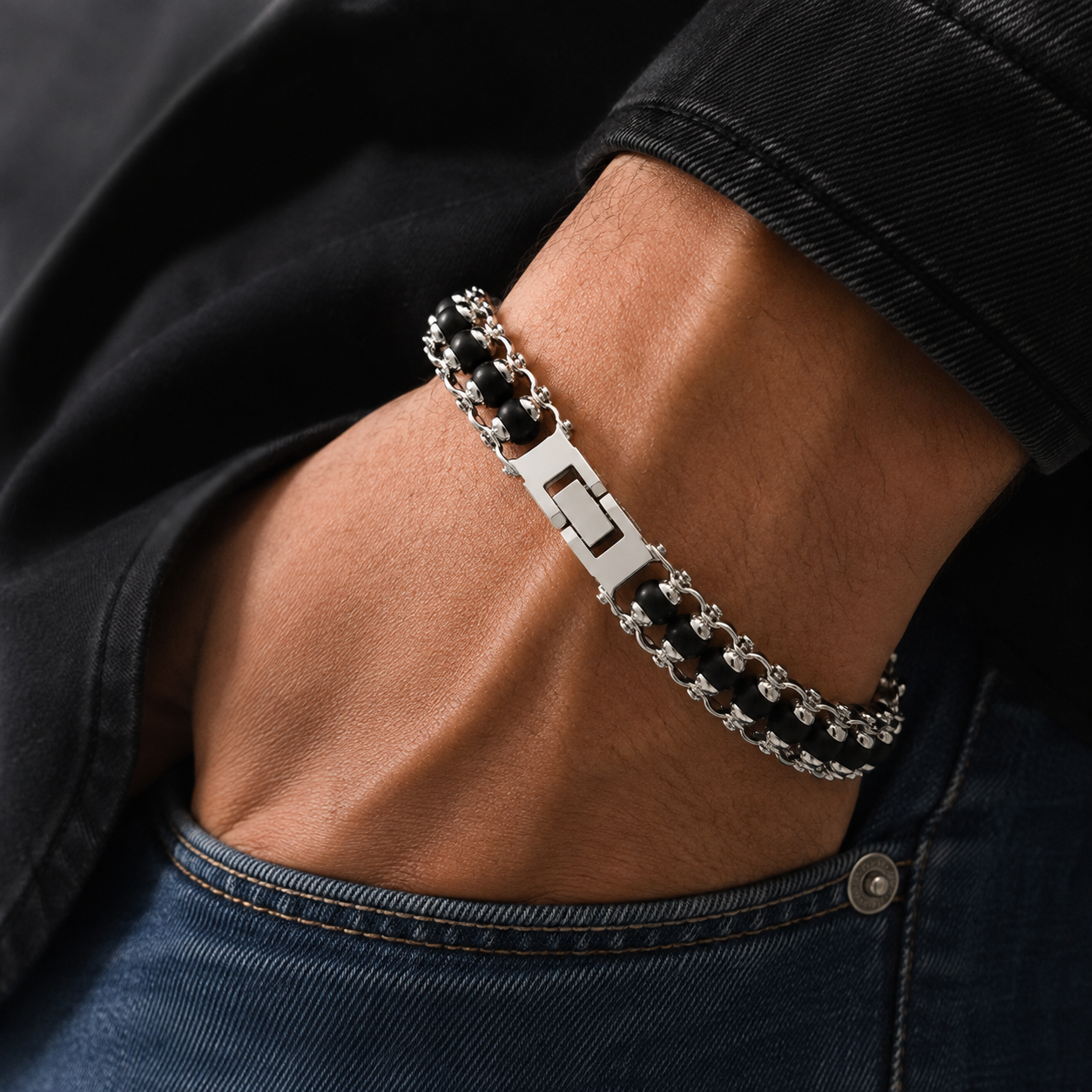 Silver Plated Karungali Modern Bracelet - Natural Ebony Wood