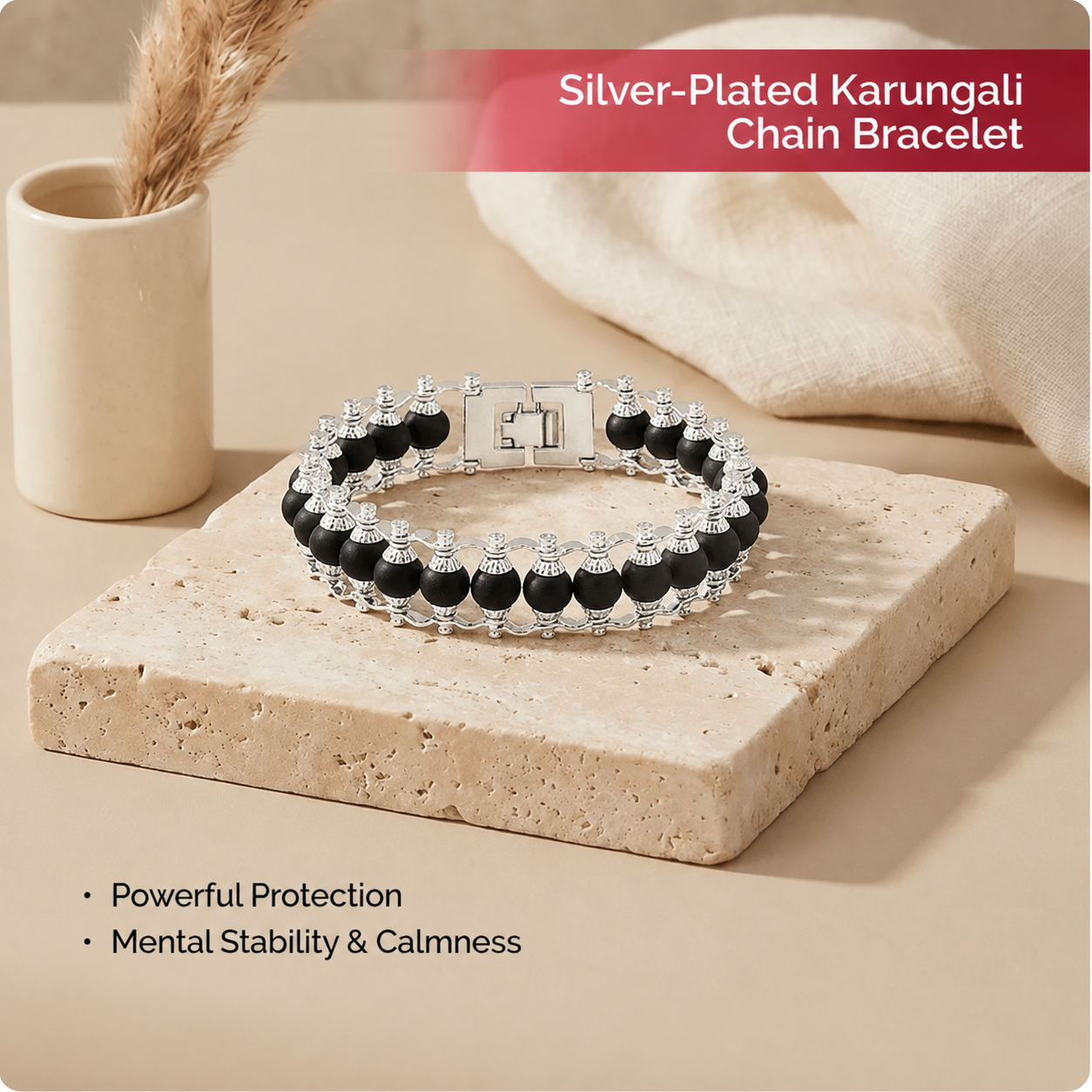 Silver Plated Karungali Modern Bracelet - Natural Ebony Wood