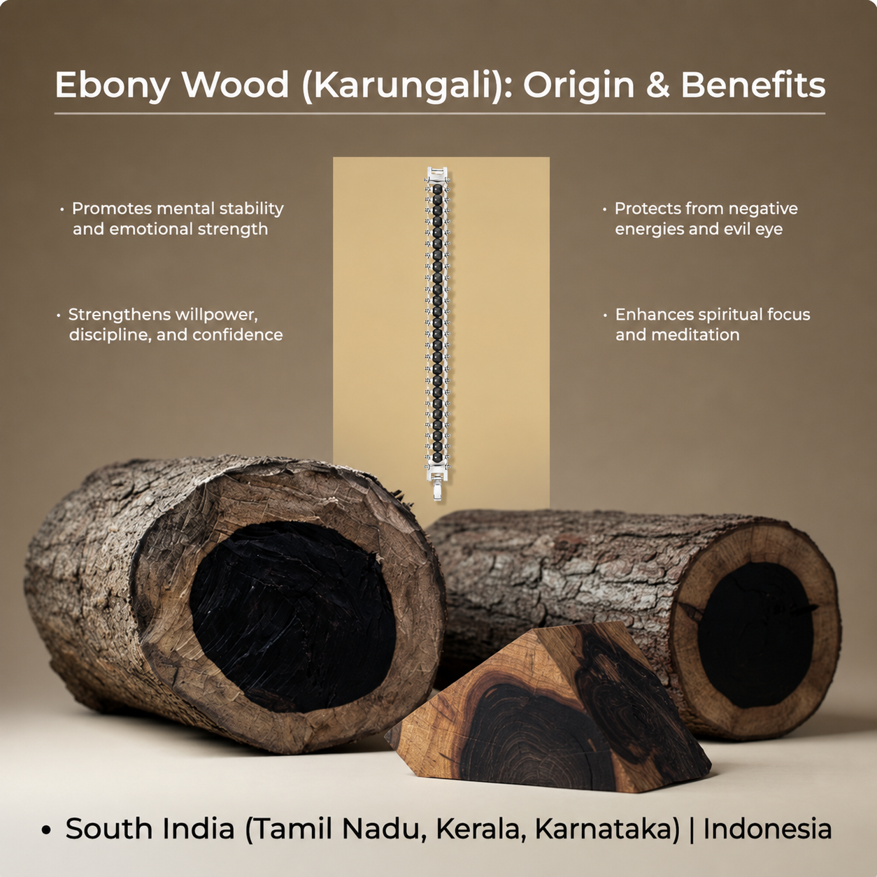 Silver Plated Karungali Modern Bracelet - Natural Ebony Wood
